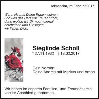 Traueranzeige von Sieglinde Scholl von Leonberger Kreiszeitung / Strohgäu Extra