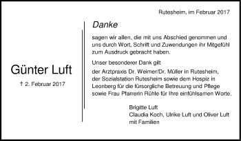 Traueranzeige von Günter Luft von Leonberger Kreiszeitung / Strohgäu Extra