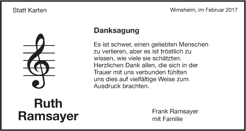  Traueranzeige für Ruth Ramsayer vom 27.02.2017 aus Leonberger Kreiszeitung / Strohgäu Extra