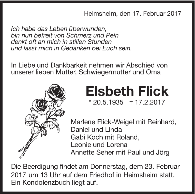  Traueranzeige für Elsbeth Flick vom 18.02.2017 aus Leonberger Kreiszeitung / Strohgäu Extra
