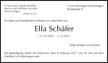 Traueranzeige von Ella Schäfer von Leonberger Kreiszeitung / Strohgäu Extra