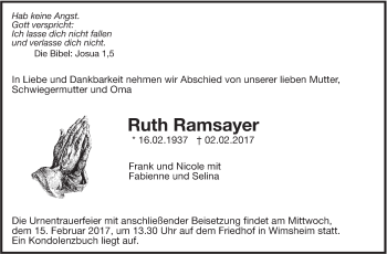Traueranzeige von Ruth Ramsayer von Leonberger Kreiszeitung / Strohgäu Extra