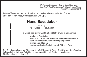 Traueranzeige von Hans Badstieber von Leonberger Kreiszeitung / Strohgäu Extra