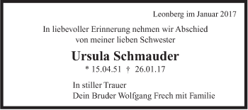 Traueranzeige von Ursula Schmauder von Leonberger Kreiszeitung / Strohgäu Extra