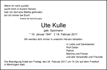 Traueranzeige von Ute Kulle von Leonberger Kreiszeitung / Strohgäu Extra
