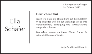 Traueranzeige von Ella Schäfer von Leonberger Kreiszeitung / Strohgäu Extra