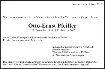 Traueranzeige von Otto-Ernst Pfeiffer von Leonberger Kreiszeitung / Strohgäu Extra