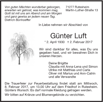 Traueranzeige von Günter Luft von Leonberger Kreiszeitung / Strohgäu Extra
