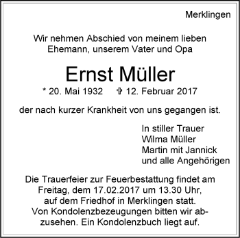 Traueranzeige von Ernst Müller von Leonberger Kreiszeitung / Strohgäu Extra