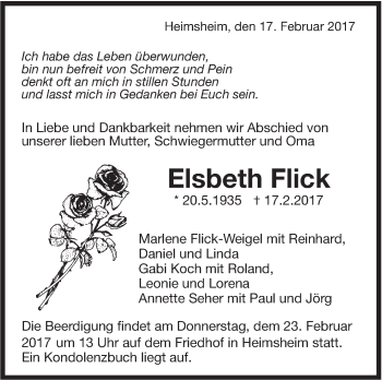 Traueranzeige von Elsbeth Flick von Leonberger Kreiszeitung / Strohgäu Extra
