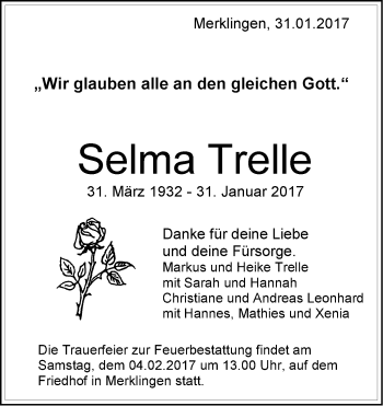 Traueranzeige von Selma Trelle von Leonberger Kreiszeitung / Strohgäu Extra