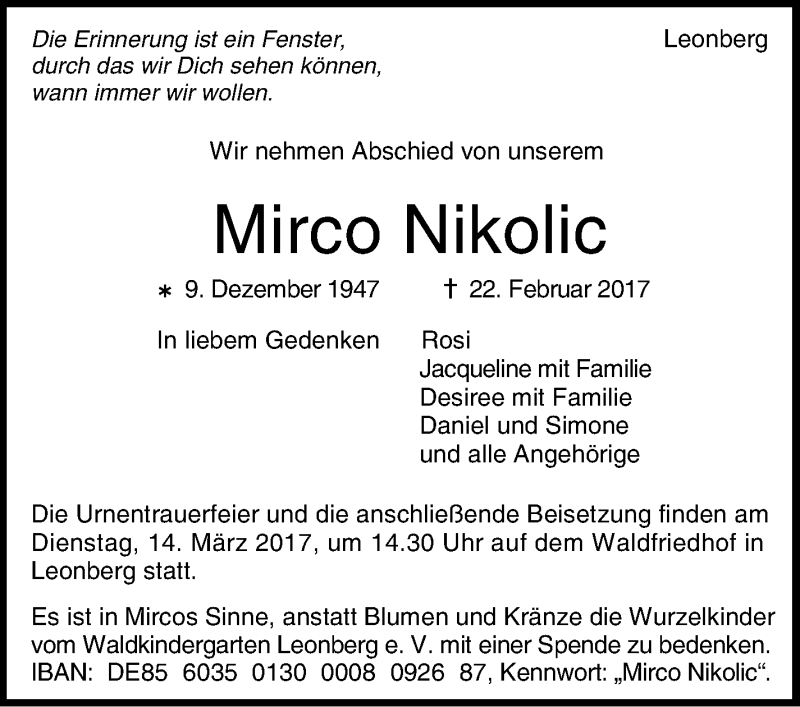  Traueranzeige für Mirco Nikolic vom 09.03.2017 aus Leonberger Kreiszeitung / Strohgäu Extra