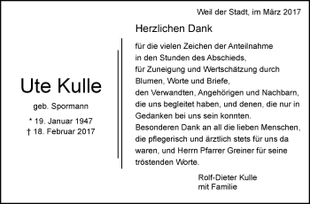 Traueranzeige von Ute Kulle von Leonberger Kreiszeitung / Strohgäu Extra