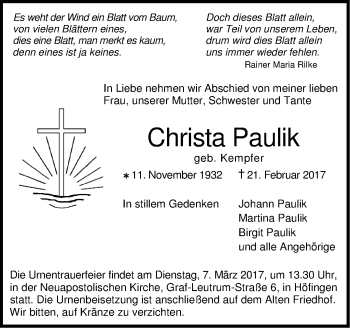 Traueranzeige von Christa Paulik von Leonberger Kreiszeitung / Strohgäu Extra