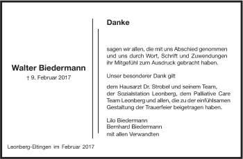 Traueranzeige von Walter Biedermann von Leonberger Kreiszeitung / Strohgäu Extra