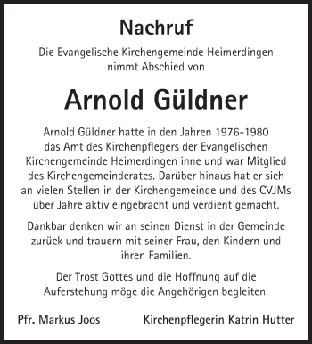 Traueranzeige von Arnold Güldner von Leonberger Kreiszeitung / Strohgäu Extra
