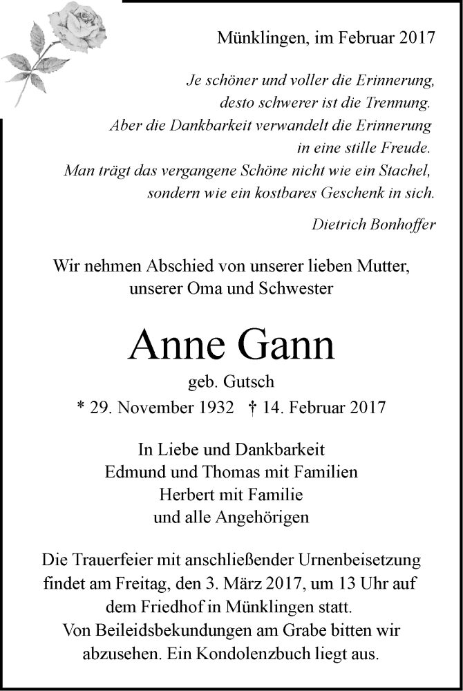  Traueranzeige für Anne Gann vom 01.03.2017 aus Leonberger Kreiszeitung / Strohgäu Extra