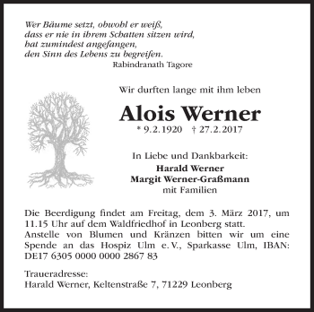 Traueranzeige von Alois Werner von Leonberger Kreiszeitung / Strohgäu Extra