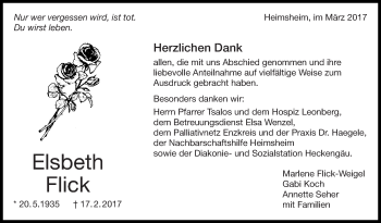 Traueranzeige von Elsbeth Flick von Leonberger Kreiszeitung / Strohgäu Extra