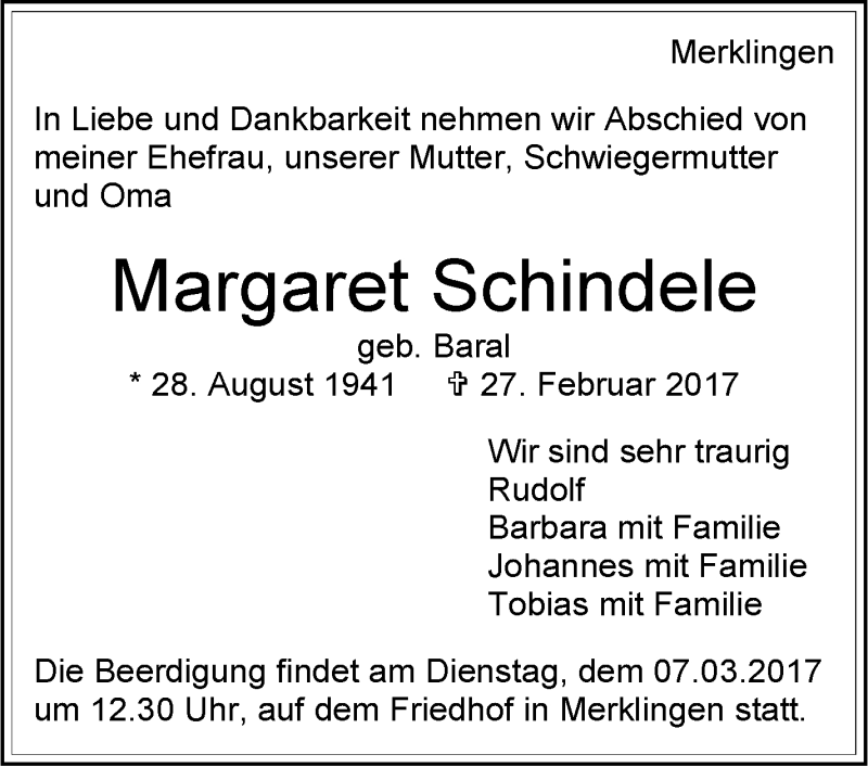  Traueranzeige für Margaret Schindele vom 02.03.2017 aus Leonberger Kreiszeitung / Strohgäu Extra