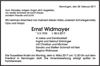 Traueranzeige von Ernst Widmayer von Leonberger Kreiszeitung / Strohgäu Extra