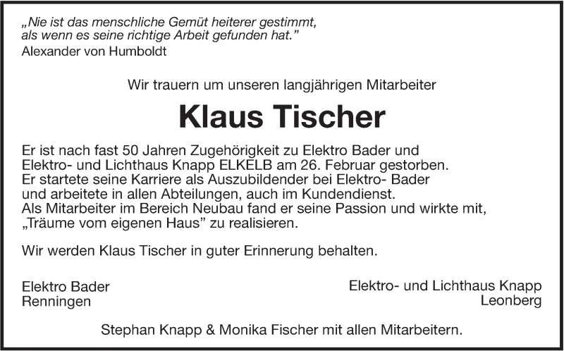  Traueranzeige für Klaus Tischer vom 04.03.2017 aus Leonberger Kreiszeitung / Strohgäu Extra
