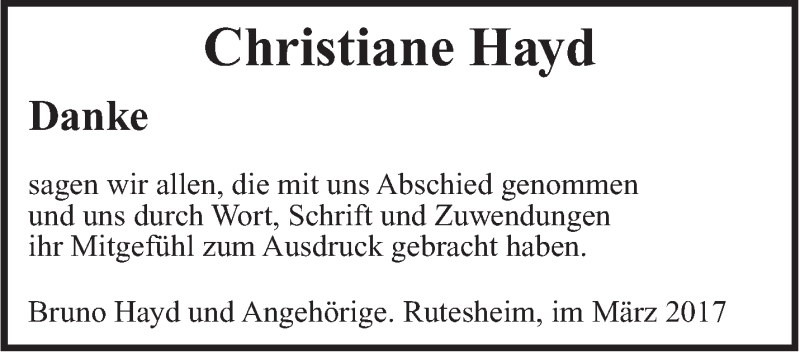  Traueranzeige für Christiane Hayd vom 08.03.2017 aus Leonberger Kreiszeitung / Strohgäu Extra