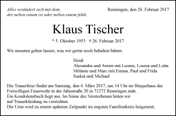 Traueranzeige von Klaus Tischer von Leonberger Kreiszeitung / Strohgäu Extra