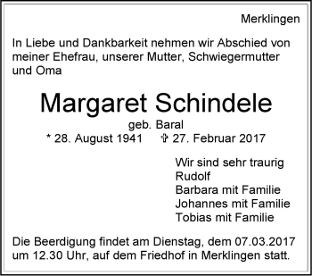 Traueranzeige von Margaret Schindele von Leonberger Kreiszeitung / Strohgäu Extra