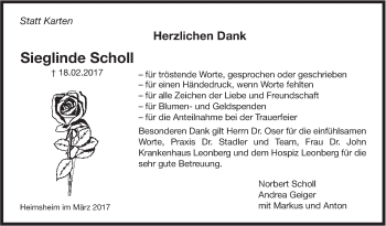 Traueranzeige von Sieglinde Scholl von Leonberger Kreiszeitung / Strohgäu Extra