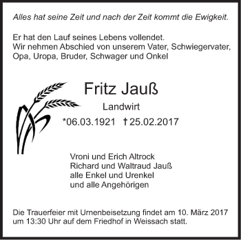 Traueranzeige von Fritz Jauß von Leonberger Kreiszeitung / Strohgäu Extra