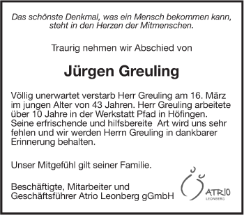 Traueranzeige von Jürgen Greuling von Leonberger Kreiszeitung / Strohgäu Extra