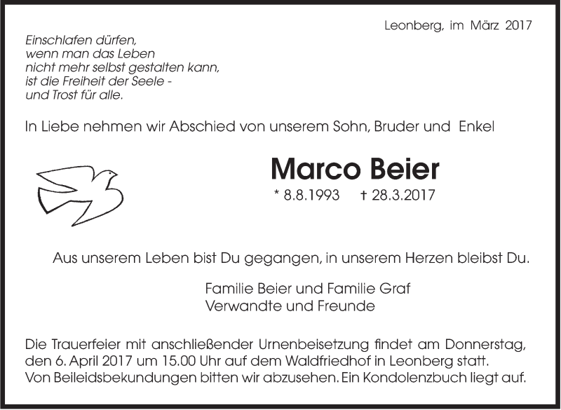  Traueranzeige für Marco Beier vom 01.04.2017 aus Leonberger Kreiszeitung / Strohgäu Extra