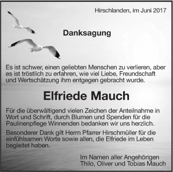 Traueranzeige von Elfriede Mauch von Leonberger Kreiszeitung / Strohgäu Extra