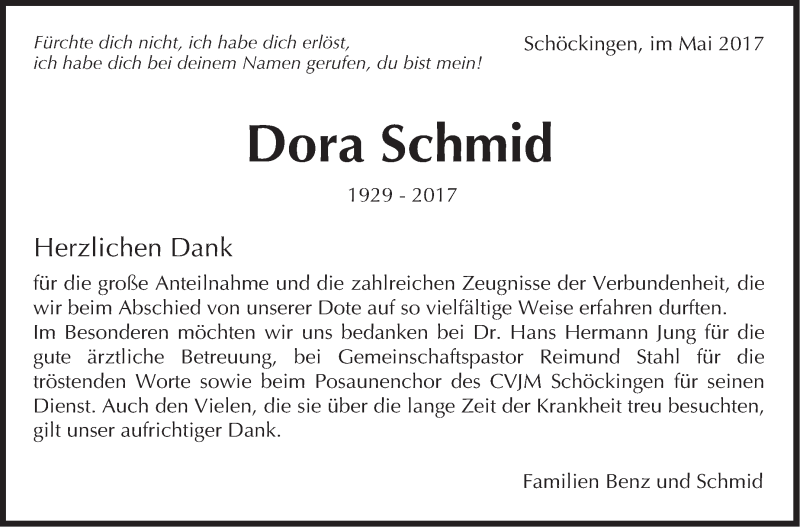  Traueranzeige für Dora Schmid vom 18.05.2017 aus Leonberger Kreiszeitung / Strohgäu Extra