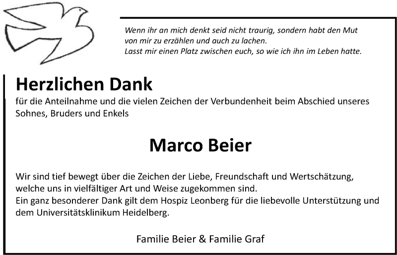  Traueranzeige für Marco Beier vom 22.04.2017 aus Leonberger Kreiszeitung / Strohgäu Extra