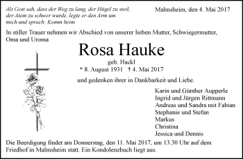 Traueranzeige von Rosa Hauke von Leonberger Kreiszeitung / Strohgäu Extra