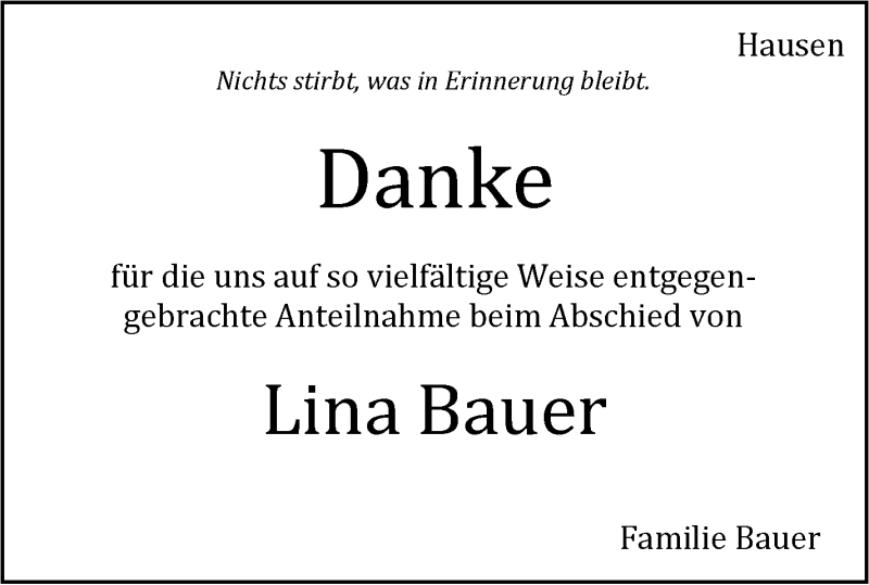  Traueranzeige für Lina Bauer vom 10.05.2017 aus Leonberger Kreiszeitung / Strohgäu Extra