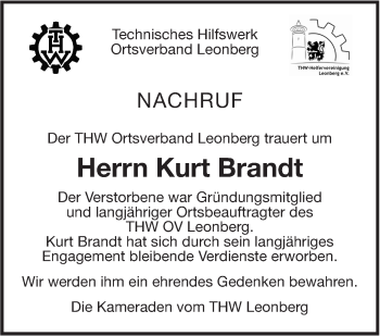Traueranzeige von Kurt Brandt von Leonberger Kreiszeitung / Strohgäu Extra