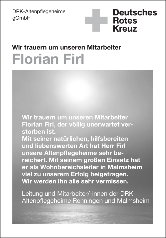  Traueranzeige für Florian Firl vom 09.05.2017 aus Leonberger Kreiszeitung / Strohgäu Extra
