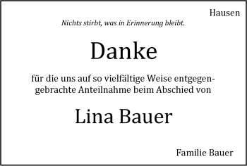 Traueranzeige von Lina Bauer von Leonberger Kreiszeitung / Strohgäu Extra