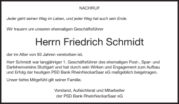 Traueranzeige von Friedrich Schmidt von Leonberger Kreiszeitung / Strohgäu Extra