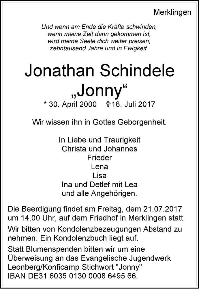  Traueranzeige für Jonathan Schindele vom 19.07.2017 aus Leonberger Kreiszeitung / Strohgäu Extra