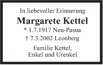 Traueranzeige von Margarete Kettel von Leonberger Kreiszeitung / Strohgäu Extra