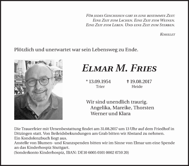  Traueranzeige für Elmar Fries vom 26.08.2017 aus Leonberger Kreiszeitung / Strohgäu Extra