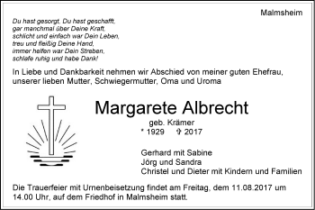 Traueranzeige von Margarete Albrecht von Leonberger Kreiszeitung / Strohgäu Extra