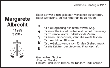 Traueranzeige von Margarete Albrecht von Leonberger Kreiszeitung / Strohgäu Extra