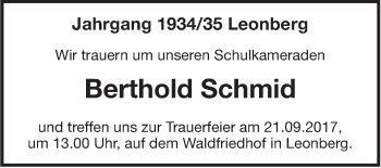 Traueranzeige von Berthold Schmid von Leonberger Kreiszeitung / Strohgäu Extra