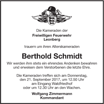 Traueranzeige von Berthold Schmidt von Leonberger Kreiszeitung / Strohgäu Extra
