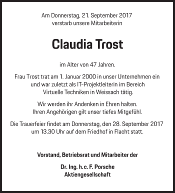 Traueranzeige von Claudia Trost von Leonberger Kreiszeitung / Strohgäu Extra